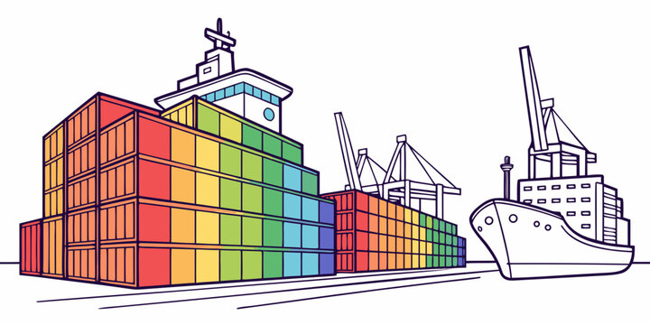 A large pile of colorful shipping containers on a dock Vector