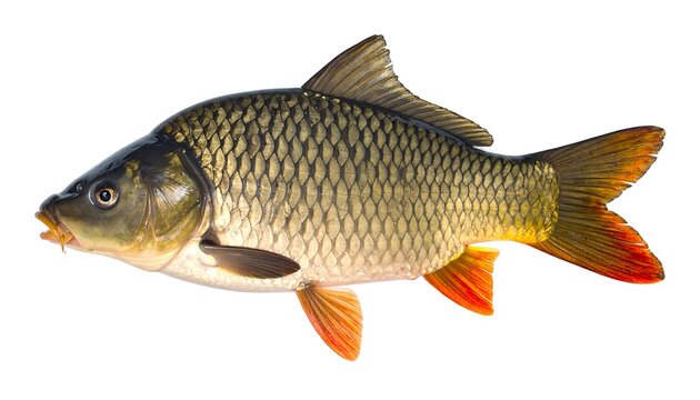 Isolated image showcasing a common carp fish, highlighting its unique scales and fins