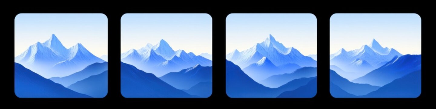 Four rounded panels showing layered blue mountain ranges with snowy peaks and misty valleys under a pale dawn sky, evoking calm and serene tranquility