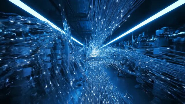 Abstract blue water flow in technology data center with servers and network. Cool liquid cyber tunnel.