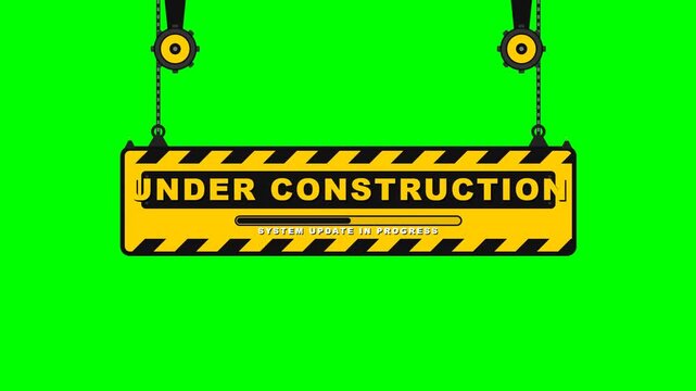 Dynamic animated under construction signs dropping, signaling system updates and website maintenance with a progress bar, all on a versatile green