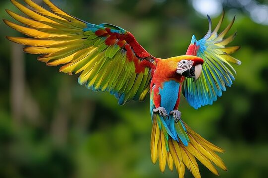colorful macaw parrot in mid-flight with wide spread wings against a lush green background, energetic and majestic