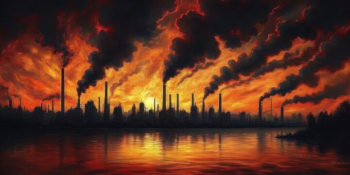 industrial skyline of smokestacks belching thick black smoke beneath a fiery orange sunset over reflective water, ominous apocalyptic atmosphere