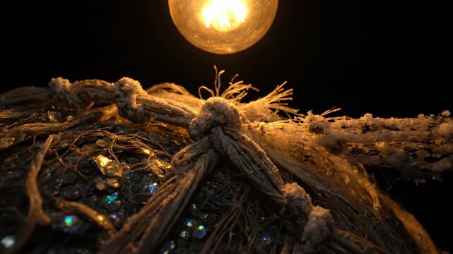 Close-up warm light bulb illuminates a knotted rope fishing net in dark background.