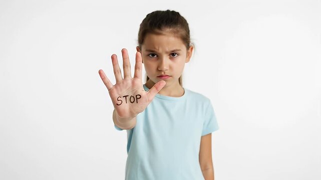 A young girl displaying the word STOP on her outstretched hand in protest