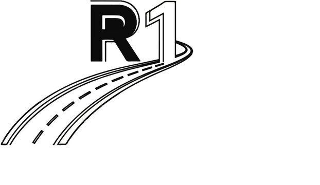 Stylized graphic of a road curving with "R1" integrated into the design