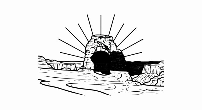 Stylized drawing of a rock arch with sun rays and desert landscape