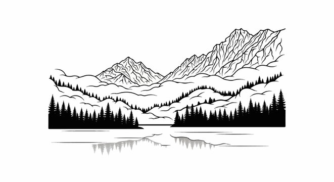 Stylized line art of a serene mountain range reflected in calm water