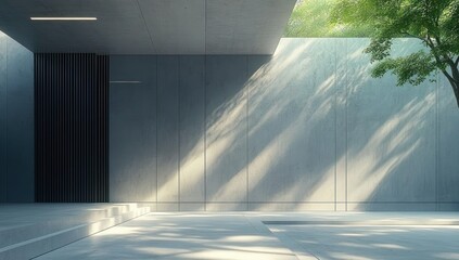 minimal modern concrete courtyard with open skylight, sunbeams and dappled tree shadows on smooth walls and steps, serene peaceful atmosphere