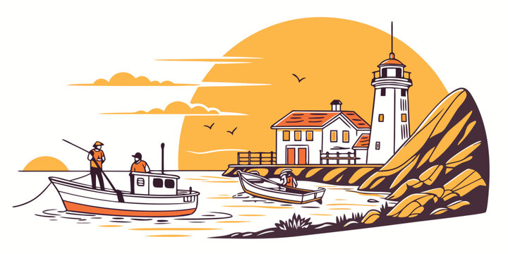 A picturesque lighthouse on a rocky coastline at sunset Vector