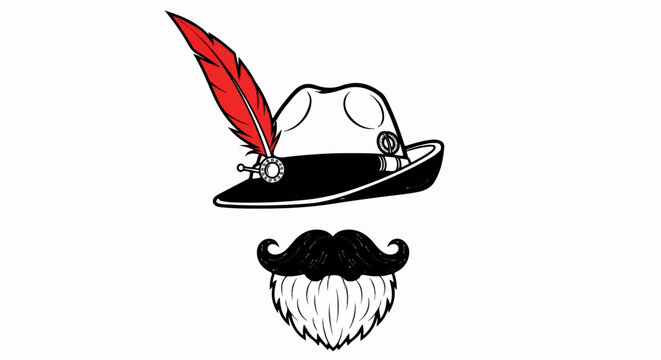 Stylized hat with red feather and attached bushy mustache and beard