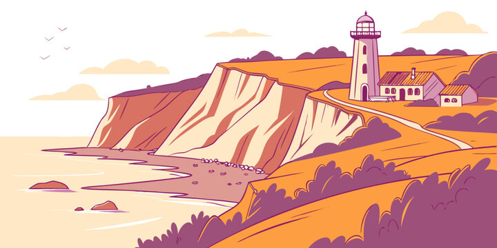 A pixel art lighthouse on a cliff by the sea Vector