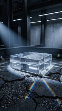 Bloc de verre lumineux sur sol fissur&eacute; avec un rayon de lumi&egrave;re cr&eacute;ant un prisme arc-en-ciel dans un environnement sombre et industriel.