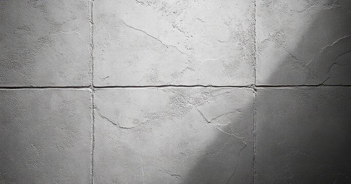 textured concrete tile wall with visible grout lines, fine cracks and a soft diagonal shadow conveying a minimal industrial mood