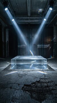 Un bloc lumineux et transparent est mis en sc&egrave;ne par deux projecteurs puissants dans un espace industriel sombre et d&eacute;labr&eacute;, cr&eacute;ant une ambiance myst&eacute;rieuse.