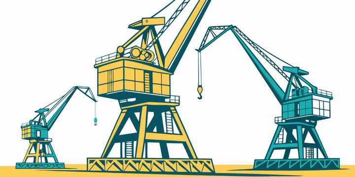 Three large cranes standing side by side on a flat surface Vector