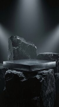 Plateforme m&eacute;tallique carr&eacute;e sombre sur des rochers bruts avec des projecteurs intenses.
