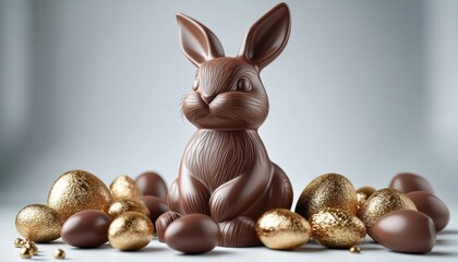 milk chocolate bunny surrounded by shiny gold eggs and smooth chocolate eggs on a minimalist light background, evoking festive joyful indulgence