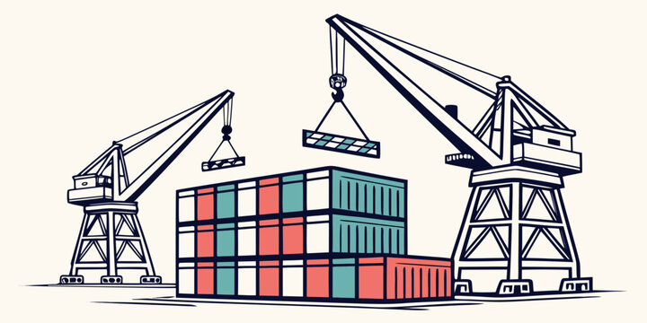 Cranes loading shipping containers at a port Vector