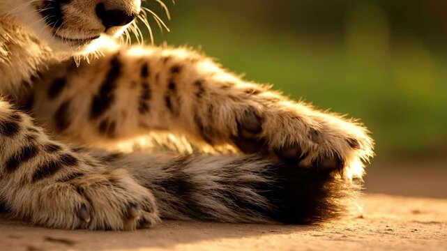 Close-up of cheetah cub with distinctive spots in warm lighting, animal portrait.