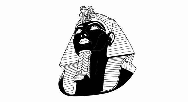 Stylized black and white illustration of an Egyptian pharaoh's head with cobras