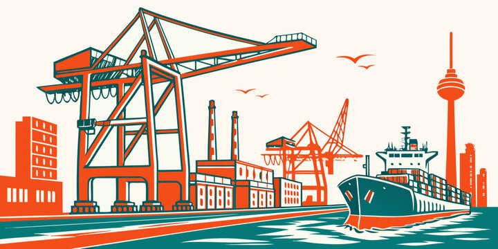 A large cargo ship sails through a busy port with cranes and buildings Vector