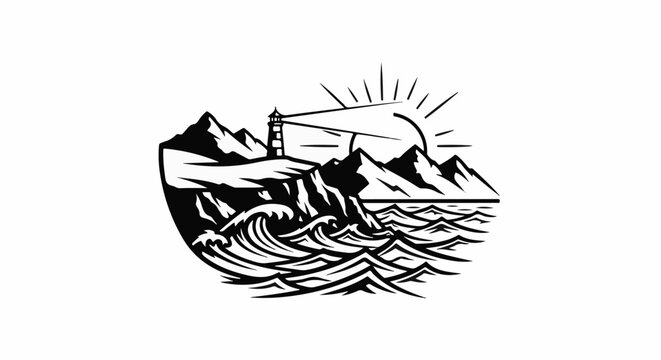 Stylized mountain and sea landscape with a lighthouse and sun