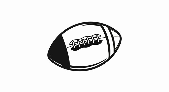 Stylized, black and white sketch of a rugby ball on a white background