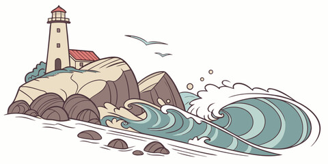 A cartoon lighthouse on a rocky cliff by the sea Vector © Md Kazi Rahman