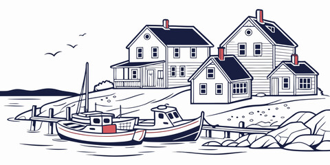 A small boat is anchored near a cluster of houses on the shore Vector © Md Kazi Rahman