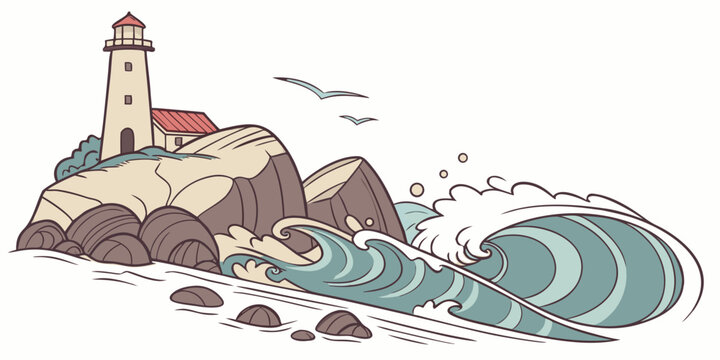 A cartoon lighthouse on a rocky cliff by the sea Vector