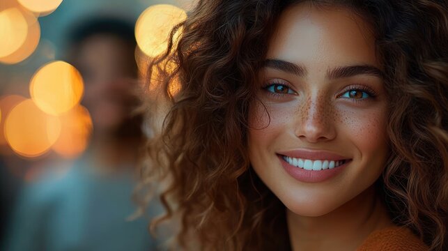 Close-up of curly hair and shoulder with warm bokeh lights and a distant out-of-focus companion, intimate moody evening atmosphere