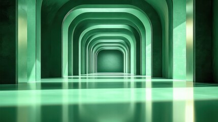 Obraz premium serene futuristic green arched corridor with repeating archways, glossy reflective floor, soft beams of light and shadow leading to a distant vanishing point, calm and mysterious atmosphere