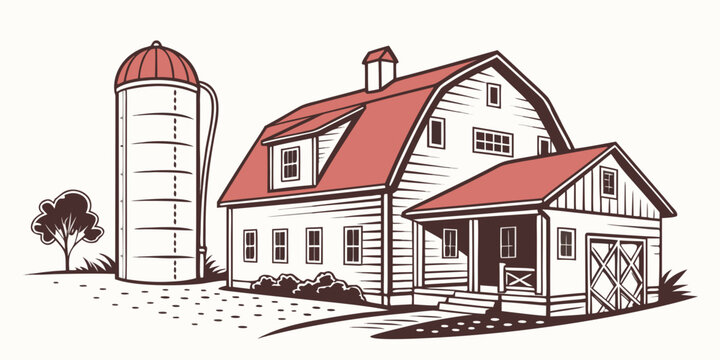 A white house with a red roof and a silo Vector