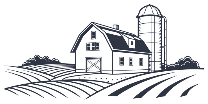 A farm with a barn and silo in a rural setting Vector