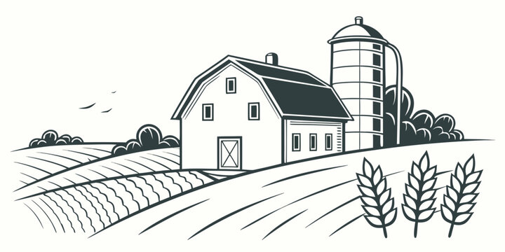 A farm with a house and a silo Vector