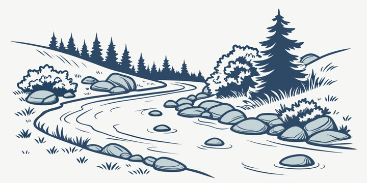 A blue illustration of a snowy landscape with a pine tree and a winding path Vector