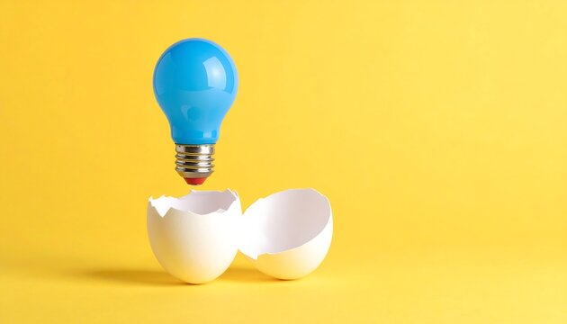 A blue light bulb emerging from a broken white eggshell on yellow
