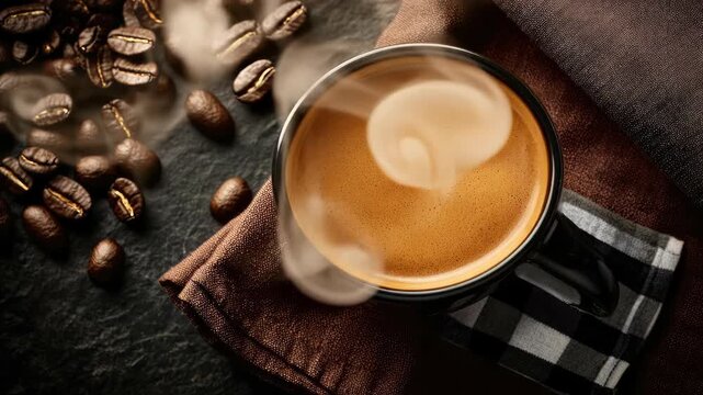 Warm morning coffee brew with rich golden crema in a dark cup. Steaming vapor rises from hot liquid, roasted beans nearby on slate surface.