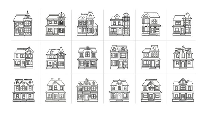 Vintage Houses Collection: Architectural Styles, Victorian, Old Buildings, Hand Drawn Icons