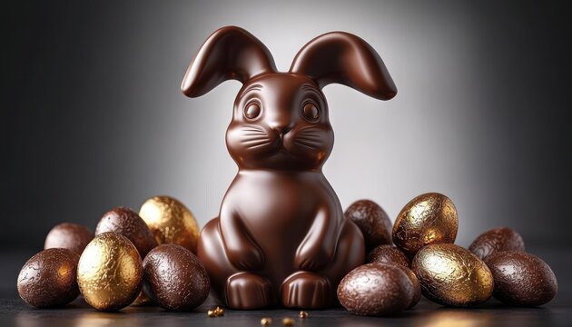 chocolate bunny figurine surrounded by glossy chocolate eggs and gold foil wrapped eggs on a dark surface, evoking a cute playful and festive mood