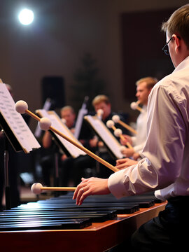 A percussionist playing the vibrophone with white mallets during a wind band live performance