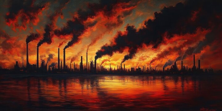 Fiery industrial skyline at dusk with countless smokestacks belching black smoke over reflective water, ominous and apocalyptic atmosphere