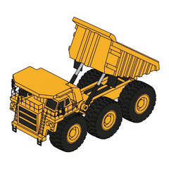 An isometric illustration of a large, yellow, articulated mining dump truck with its bed raised, showcasing its heavy-duty construction and powerful hydraulic system. © Bunga