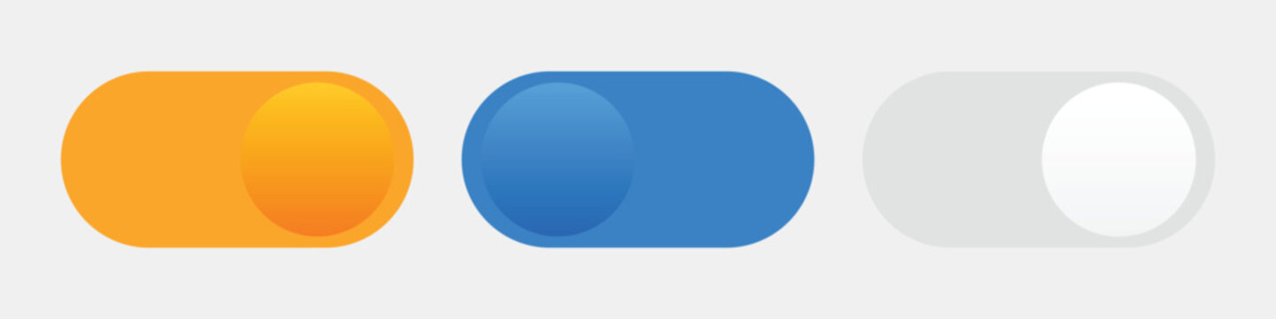 A colorful graphic design featuring three rounded toggle buttons in different states
