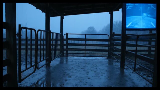 Rainy day at a rural wooden farm gate, featuring metal fences and damp flooring.