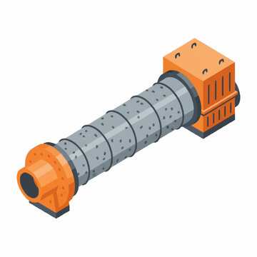 Isometric illustration of a industrial ball mill machine, a type of grinder used to grind or mix materials.