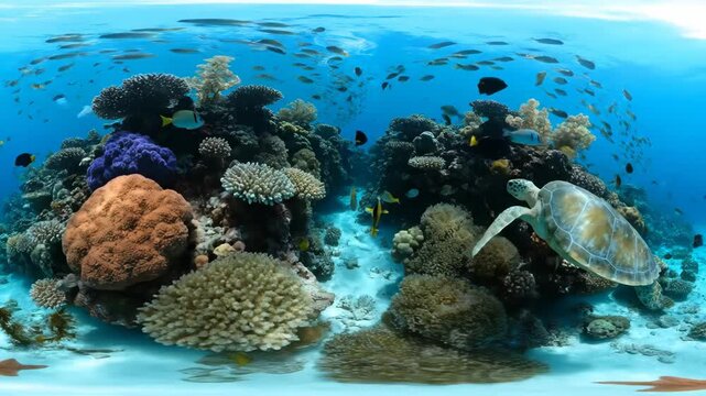 Underwater scene featuring a Turtle, Coral reef, tropical Fish in blue Ocean. Marine life biodiversity, ecosystem, travel, scuba diving, wildlife, nature.