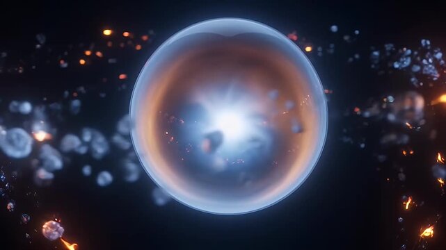 A captivating cosmic scene featuring a radiant orb and surrounding celestial debris