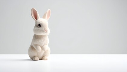 Fototapeta premium A white rabbit figurine sits upright on a white surface against a light gray backdrop